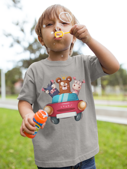 Cartoon Trio Kuh Baer Schweinchen im Auto T-Shirt Kids SK