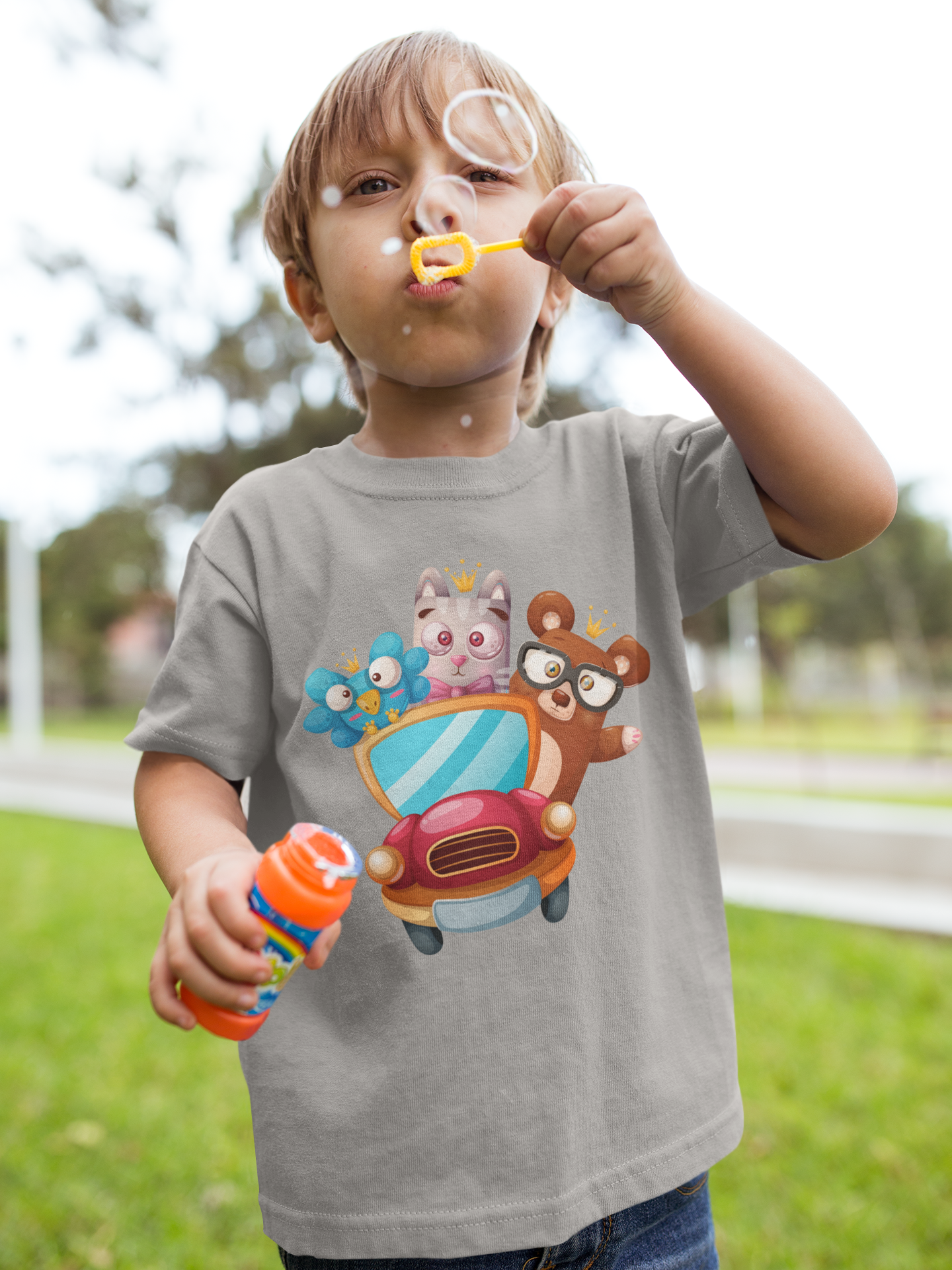 Camiseta para niños con diseño de dibujos animados, trío, pájaro, oso y gato