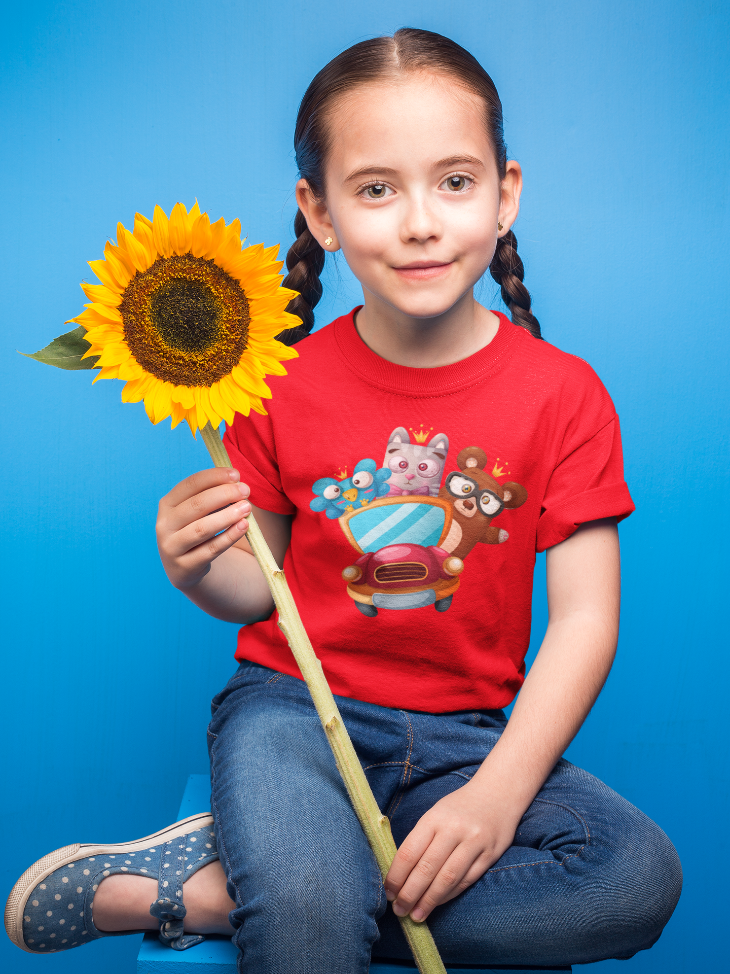 Camiseta para niños con diseño de dibujos animados, trío, pájaro, oso y gato