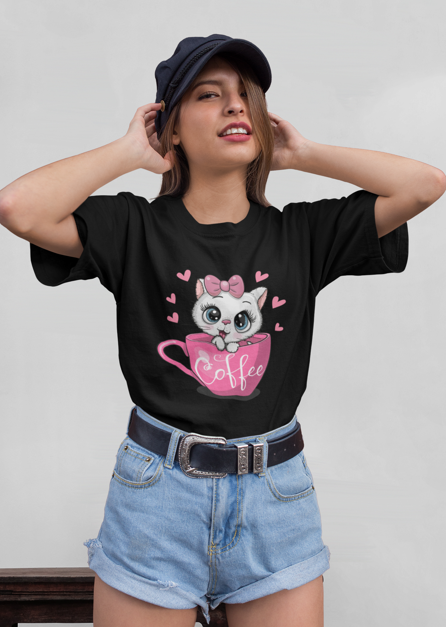Coffee Cat Front - Unisex Erwachsenen Bio Baumwolle Kurzarm Shirt Creator T-Shirt 2.0 ST/ST SH
