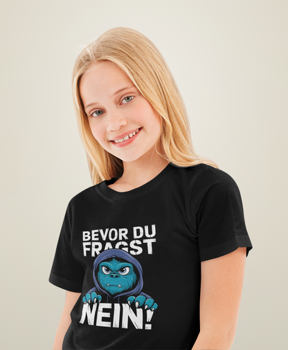 Comic Monster Before you ask - NO! Unisex Kids' Short-Sleeve T-Shirt Organic Cotton High-Quality Durable T-Shirt Kids BC SH