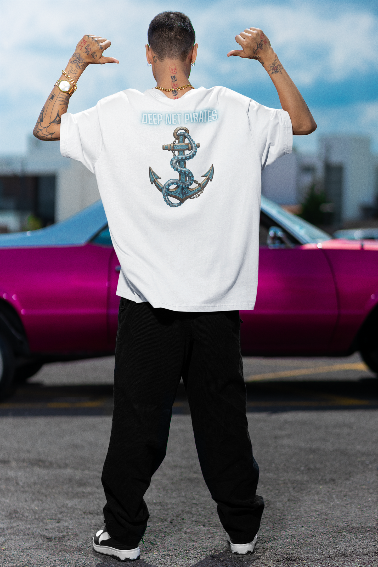 DEEP NET PIRATES Streetwear Backprint - Freestyler Bio Oversized Unisex T-Shirt Erwachsene SH