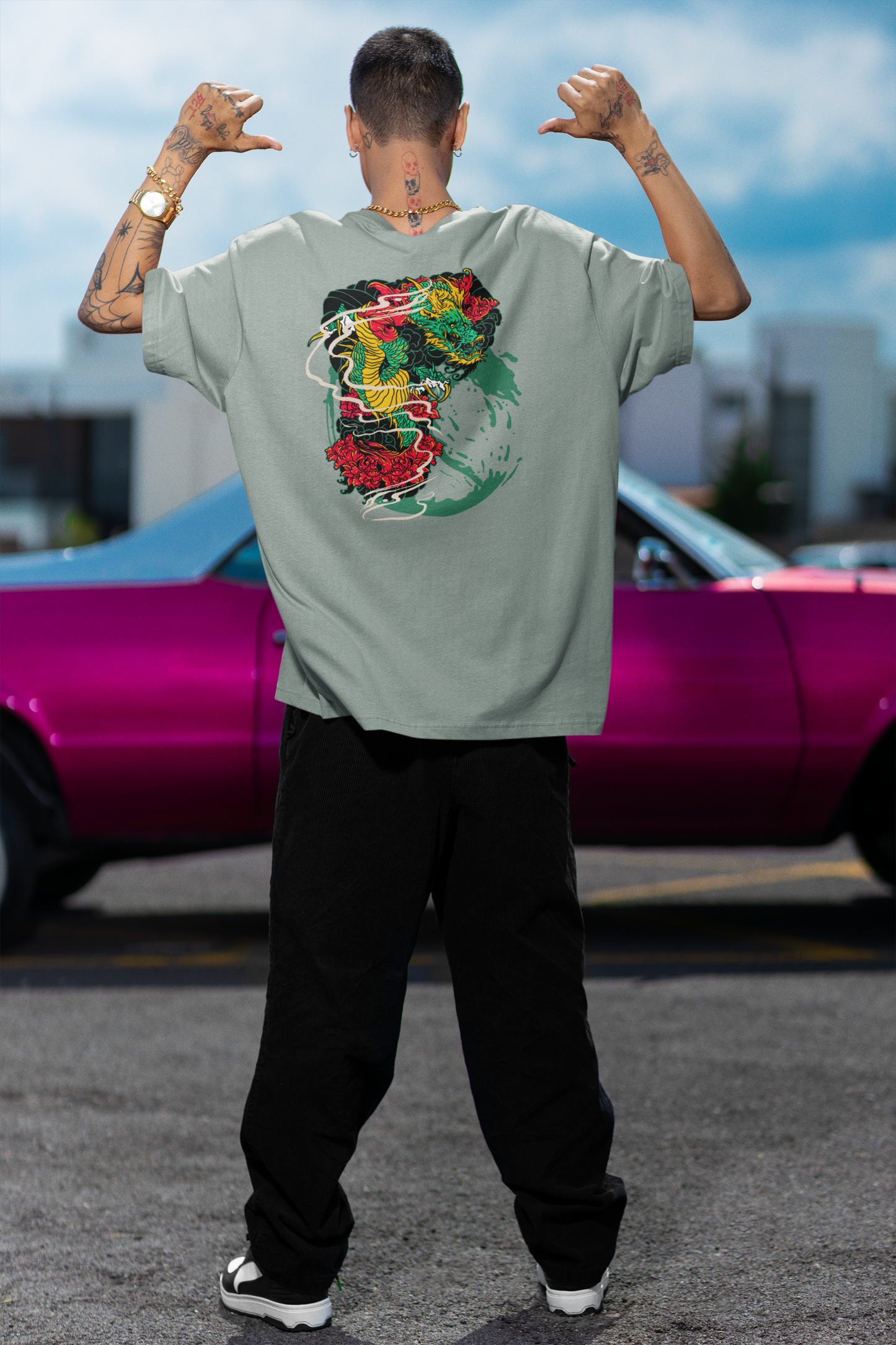 DRAGON RED FIRE Streetwear Backprint - Freestyler Bio Oversized Unisex T-Shirt Erwachsene SH