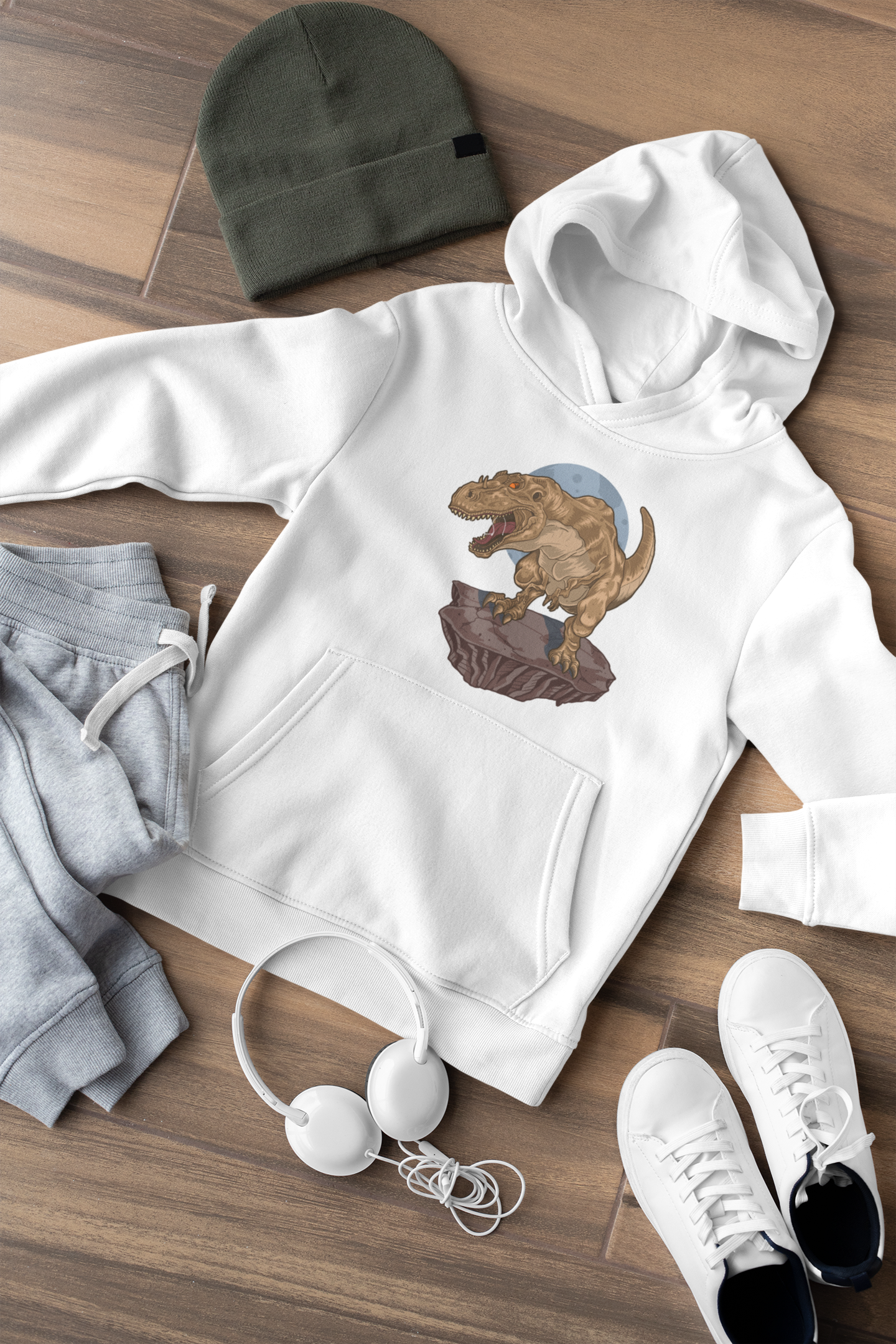 Kinder Hoodie Pullover Bio Baumwolle Hochwertig Langlebig - Dinosaurier Rex auf Fels - Mini Cruiser Hoodie 2.0 ST/ST SH