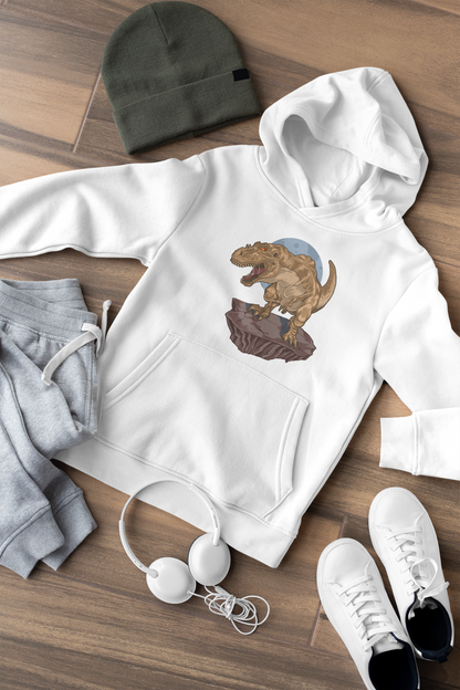 Dinosaurio Rex sobre una roca - Sudadera con capucha de felpa de peso medio y alta calidad para adolescentes - Disponible en todo el mundo - GL
