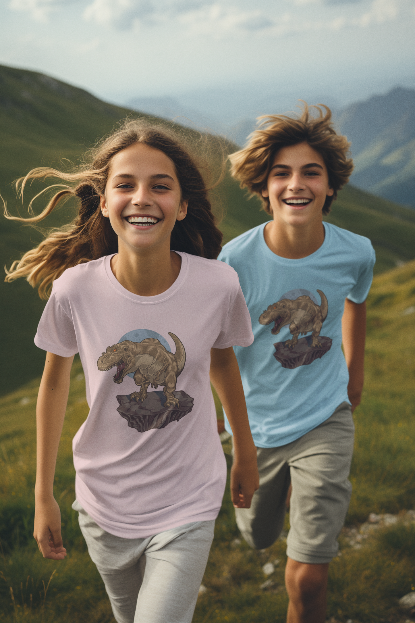 Kinder T-Shirt Kurzarm-Shirt Baumwolle Hochwertig Langlebig - Dinosaurier auf Felsbrocken - T-Shirt Kids BC SH