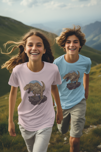 Dinosaurier auf Felsbrocken - Kinder T-Shirt Kurzarm-Shirt Baumwolle Hochwertig Langlebig - T-Shirt Kids BC SH
