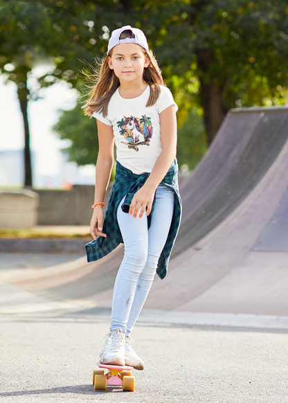 Unicornio Patinador Atardecer - Camiseta de manga corta para niños, algodón duradero de alta calidad - Camiseta para niños BC SH