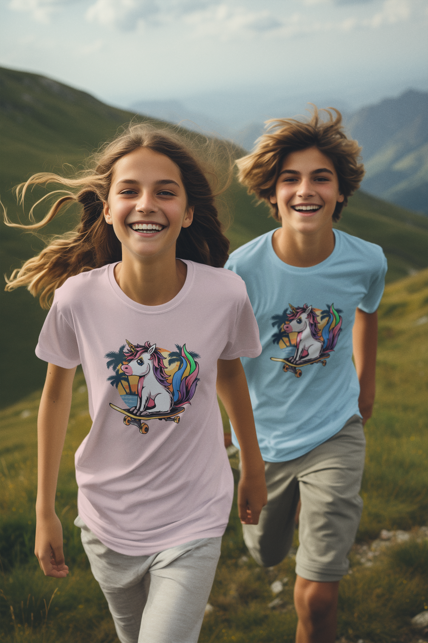 Kinder T-Shirt Kurzarm-Shirt Baumwolle Hochwertig Langlebig - Einhorn Skater Sunset - T-Shirt Kids BC SH