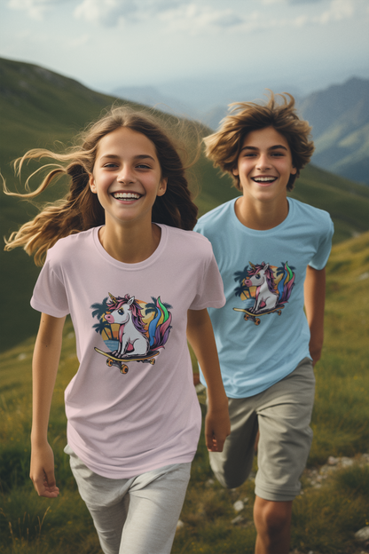 Unicornio Patinador Atardecer - Camiseta de manga corta para niños, algodón duradero de alta calidad - Camiseta para niños BC SH