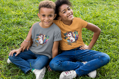 Unicornio Patinador Atardecer - Camiseta de manga corta para niños, algodón duradero de alta calidad - Camiseta para niños BC SH