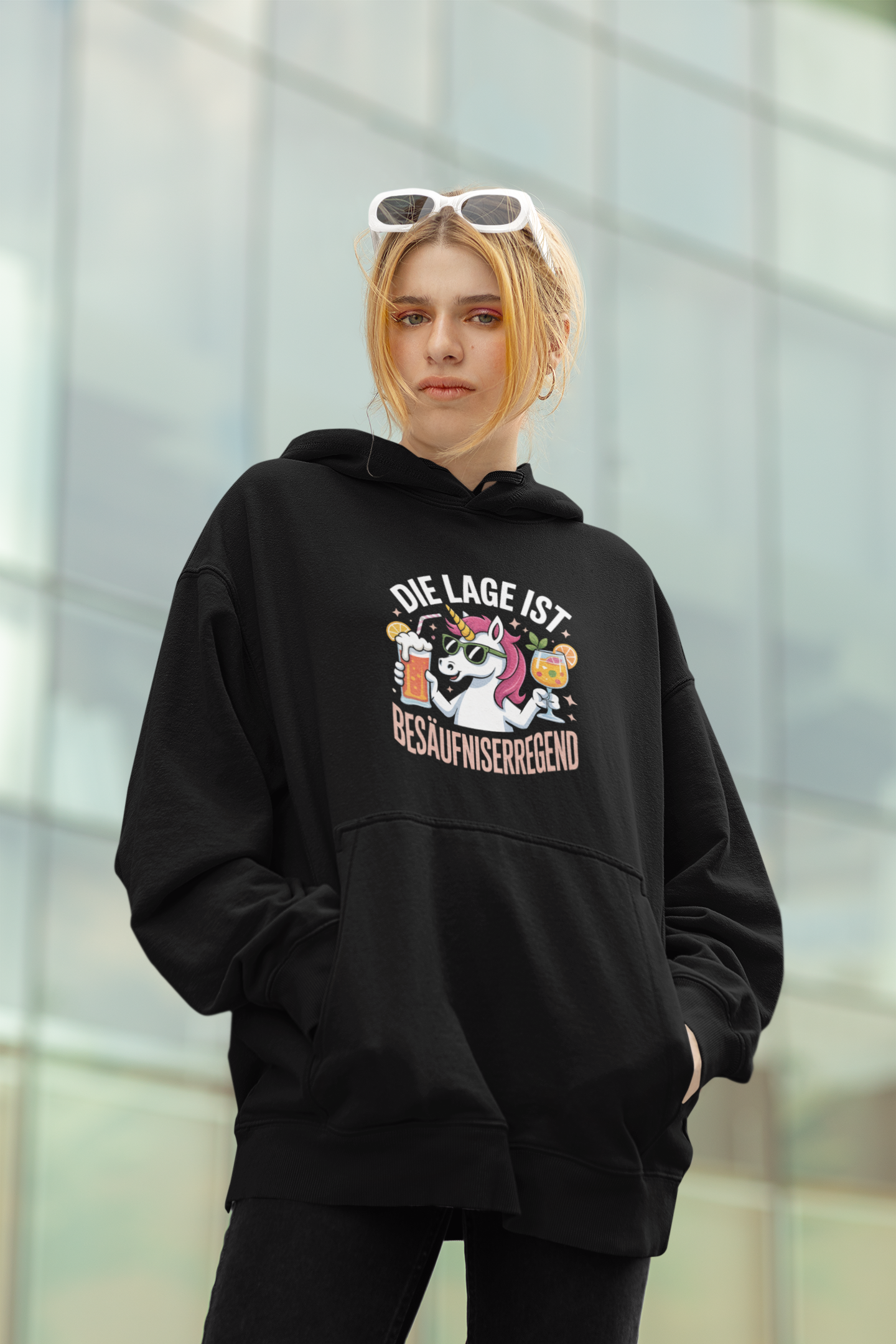 Einhorn Die Lage ist Besäufniserregend  Front- Unisex Erwachsenen Bio Slammer Oversized Hoodie SH