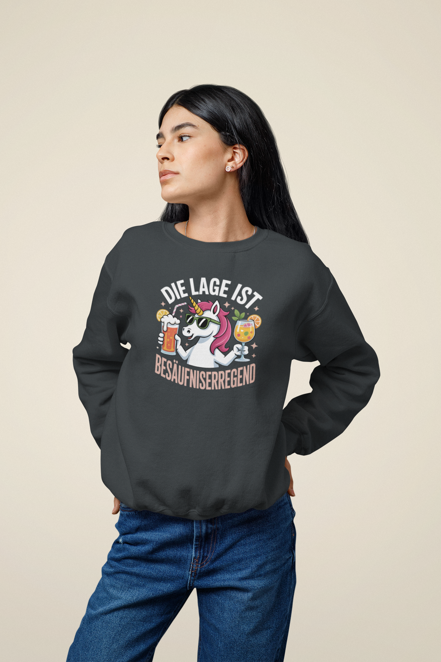 Einhorn Die Lage ist Besäufniserregend Front - Unisex Erwachsenen Bio Changer Sweatshirt SH