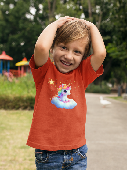 Einhorn reitet auf Wolke im Sternenhimmel Front - Unisex Kinder T-Shirt Kurzarm-Shirt Bio Baumwolle Hochwertig Langlebig T-Shirt Kids BC SH