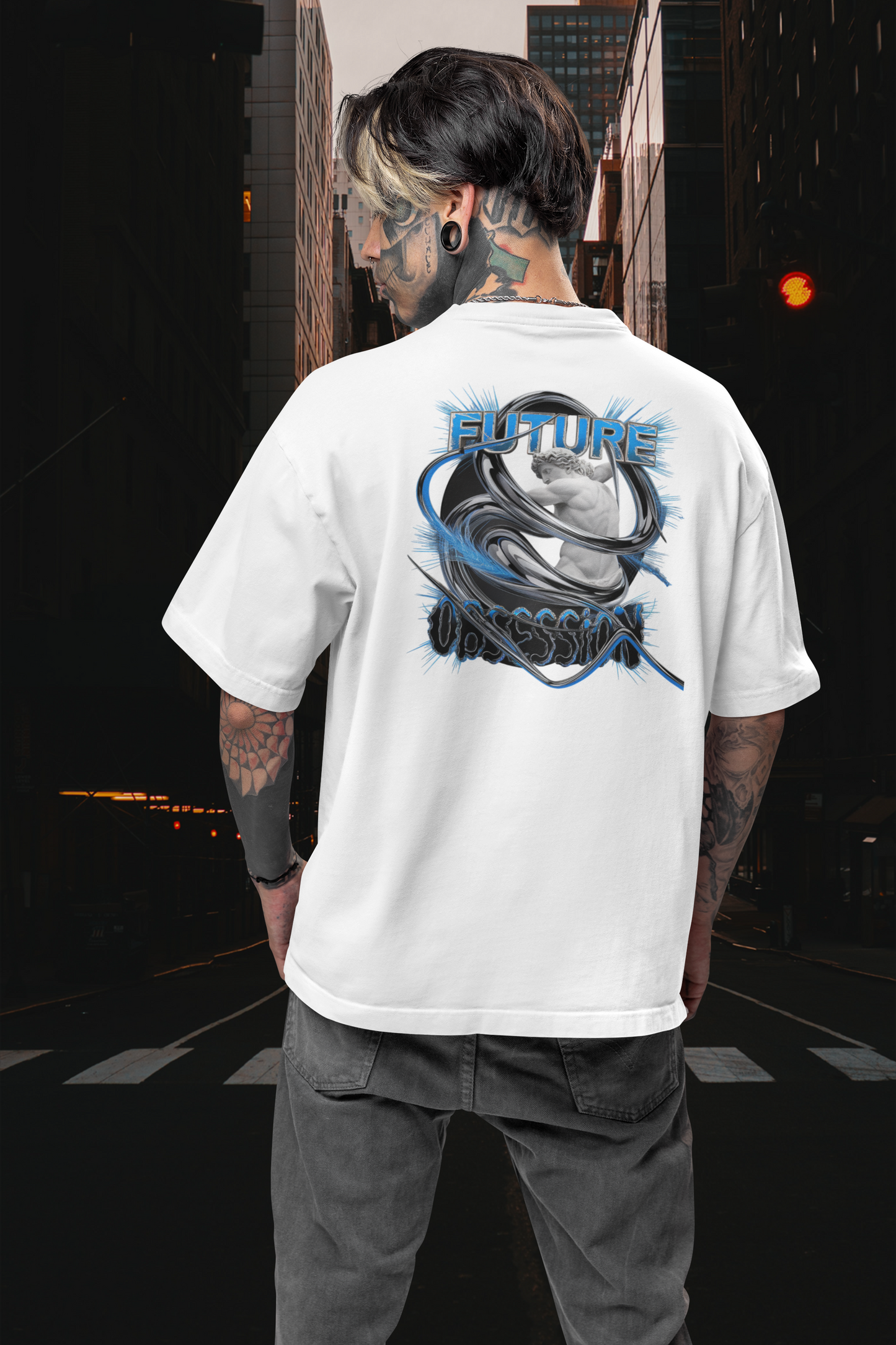 FUTURE OBSESSION CHROME STATUE Streetwear Backprint - Freestyler Bio Oversized Unisex T-Shirt Erwachsene SH