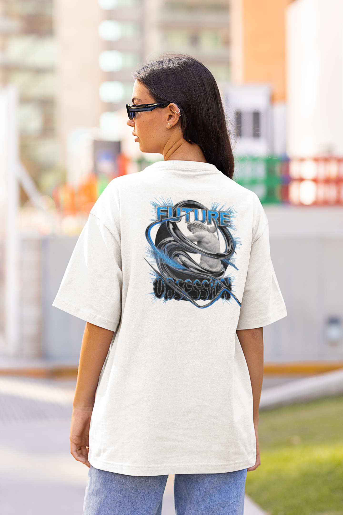 FUTURE OBSESSION CHROME STATUE Streetwear Backprint - Freestyler Bio Oversized Unisex T-Shirt Erwachsene SH