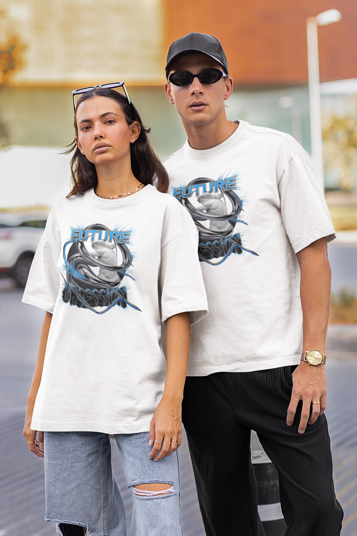 FUTURE OBSESSION CHROME STATUE Streetwear Frontprint - Freestyler Bio Oversized Unisex T-Shirt Erwachsene SH