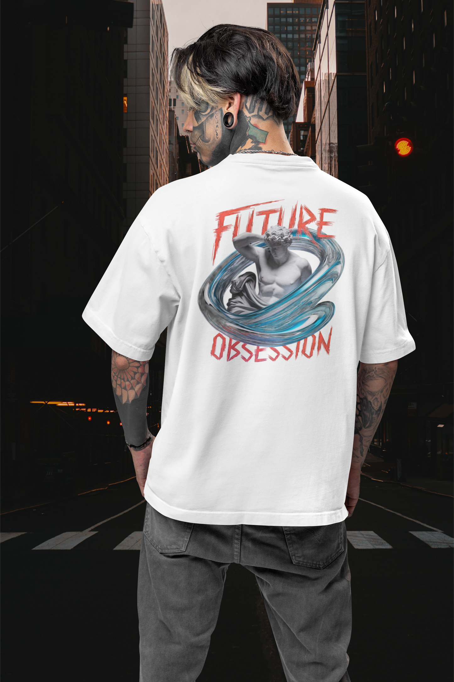 FUTURE OBSESSION STATUE Streetwear Backprint - Freestyler Bio Oversized Unisex T-Shirt Erwachsenen SH