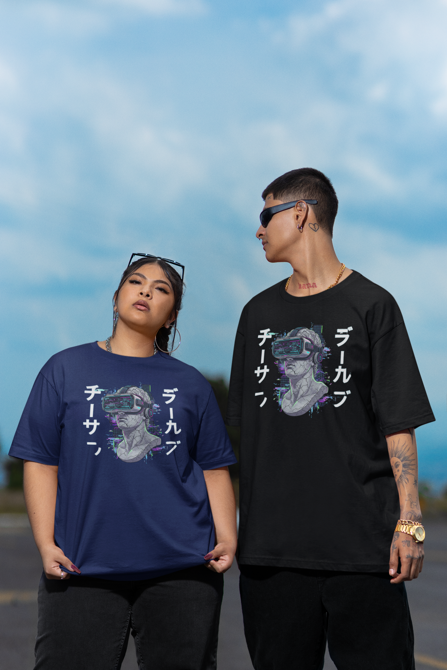 FUTURE STATUE VIRTUELL BRILLE III Streetwear Frontprint - Freestyler Bio Oversized Unisex T-Shirt Erwachsen SH