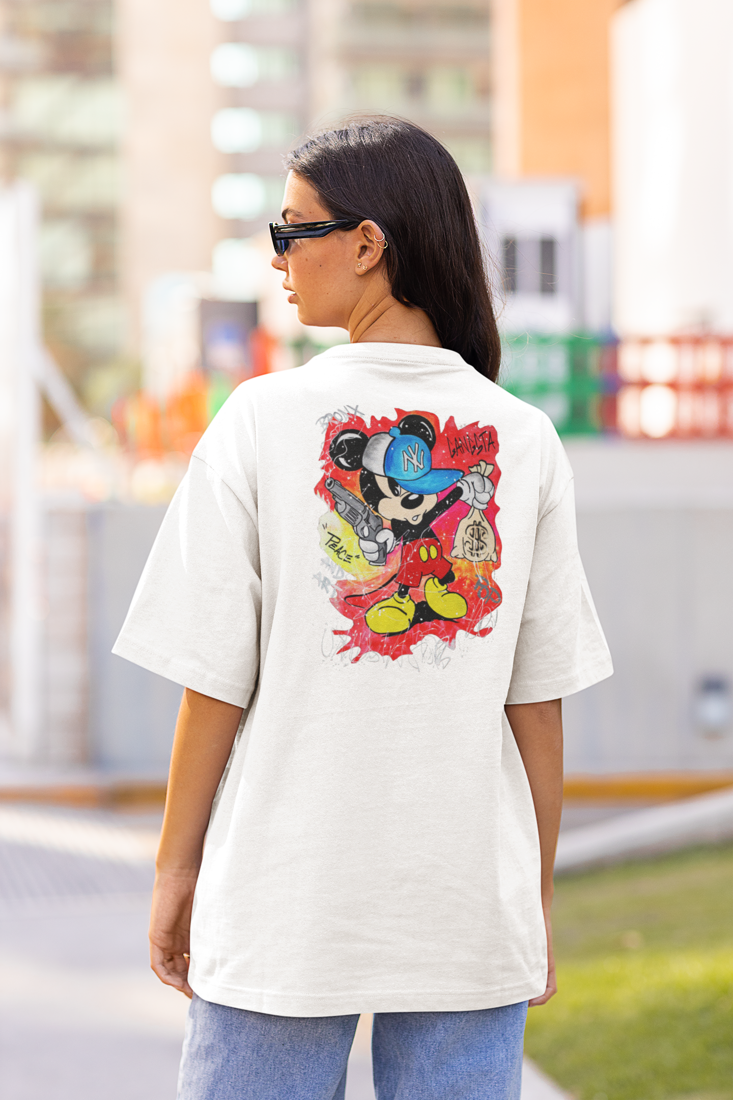 GANGSTA MOUSE BRONX SPIRIT Streetwear Backprint - Freestyler Bio Oversized Unisex T-Shirt Erwachsene SH