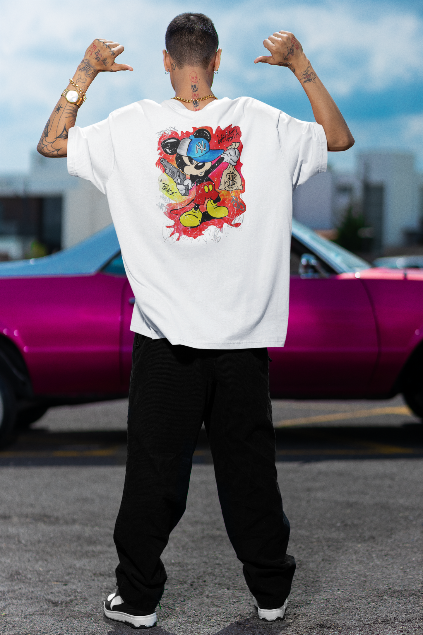GANGSTA MOUSE BRONX SPIRIT Streetwear Backprint - Freestyler Bio Oversized Unisex T-Shirt Erwachsene SH
