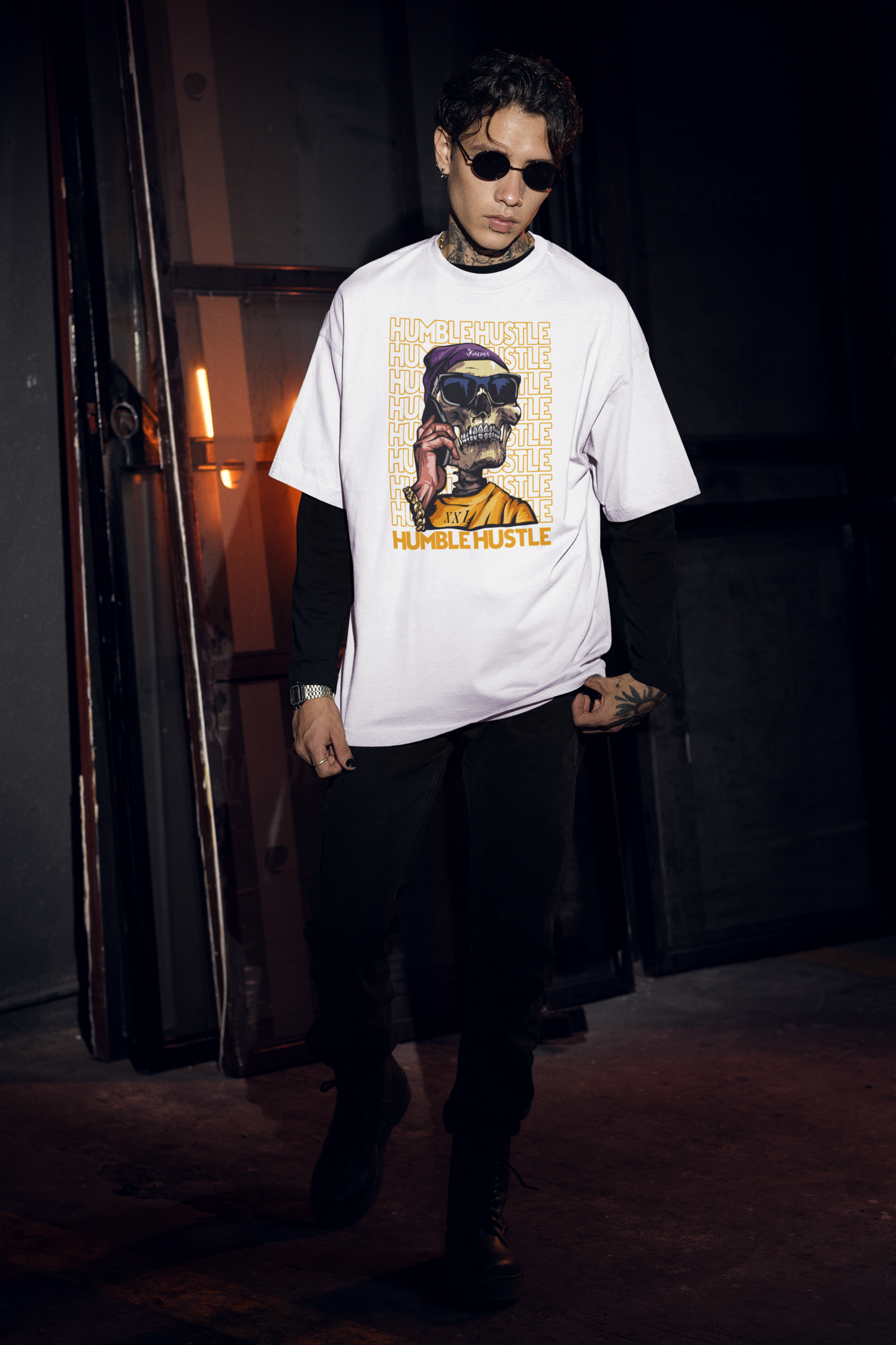 HUMBLE HUSTLE FUNK & SKULL II Streetwear Frontprint - Freestyler Bio Oversized Unisex T-Shirt Erwachsene SH