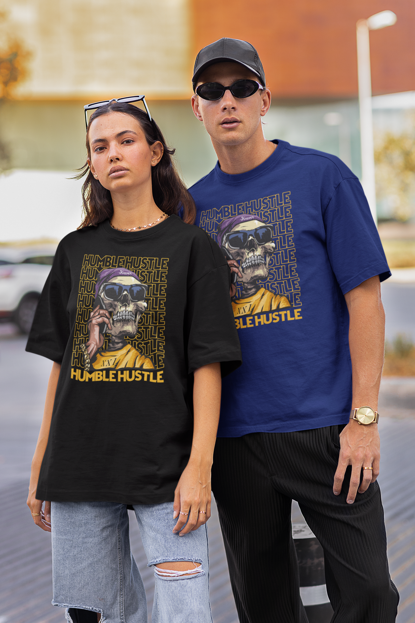 HUMBLE HUSTLE FUNK & SKULL II Streetwear Frontprint - Freestyler Bio Oversized Unisex T-Shirt Erwachsene SH