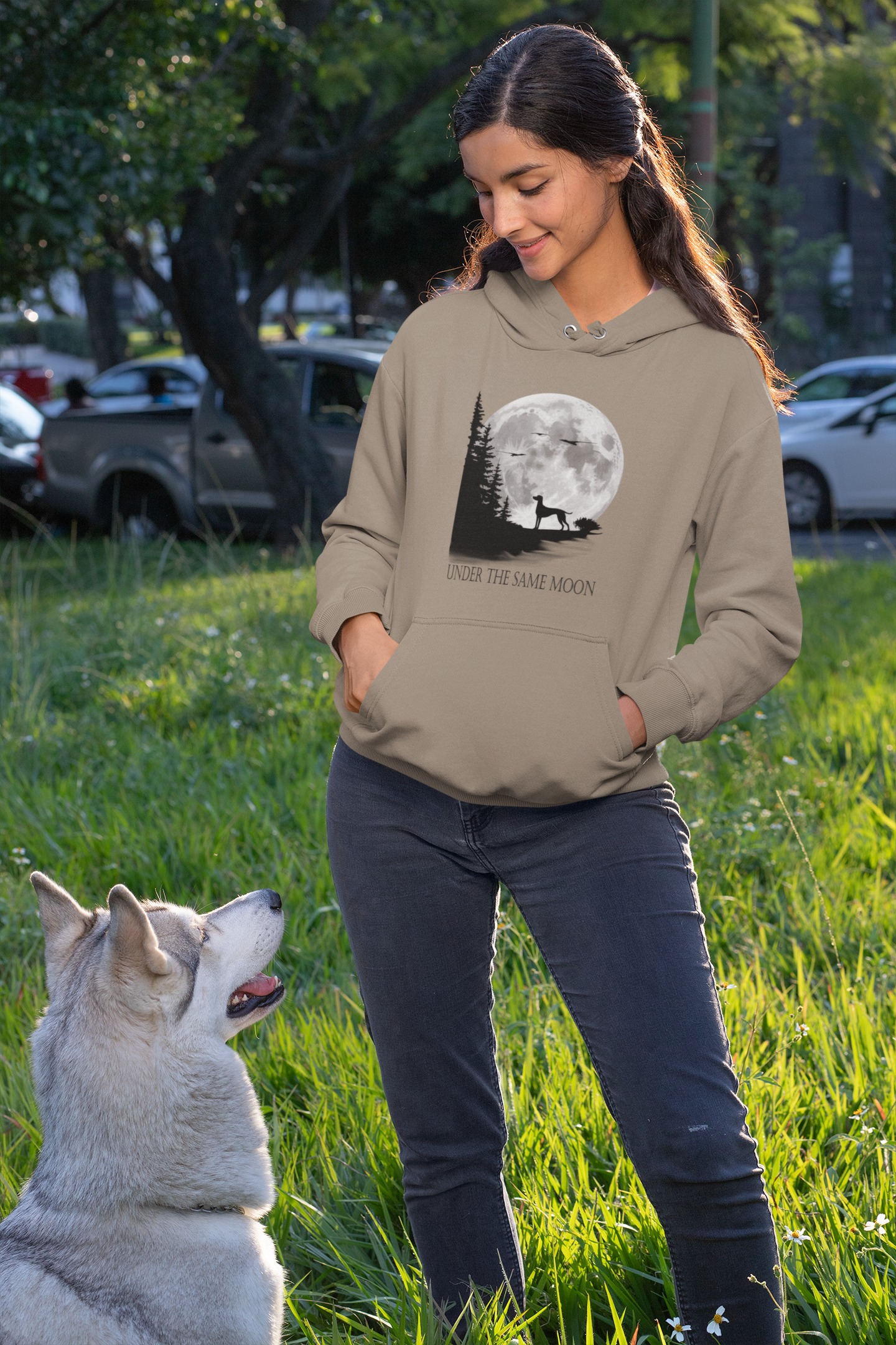 Hund Mondlandschaft UNDER THE SAME MOON Front - Unisex Erwachsenen Bio Organic Cruiser Hoodie 2.0 ST/ST SH