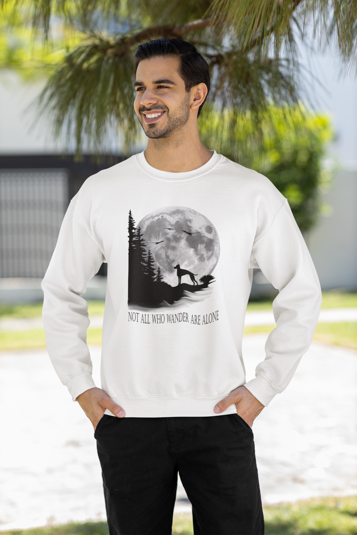 Hund Mondlandschaft NOT ALL WHO WANDER ARE ALONE Front - Unisex Erwachsenen Bio Changer Sweatshirt SH