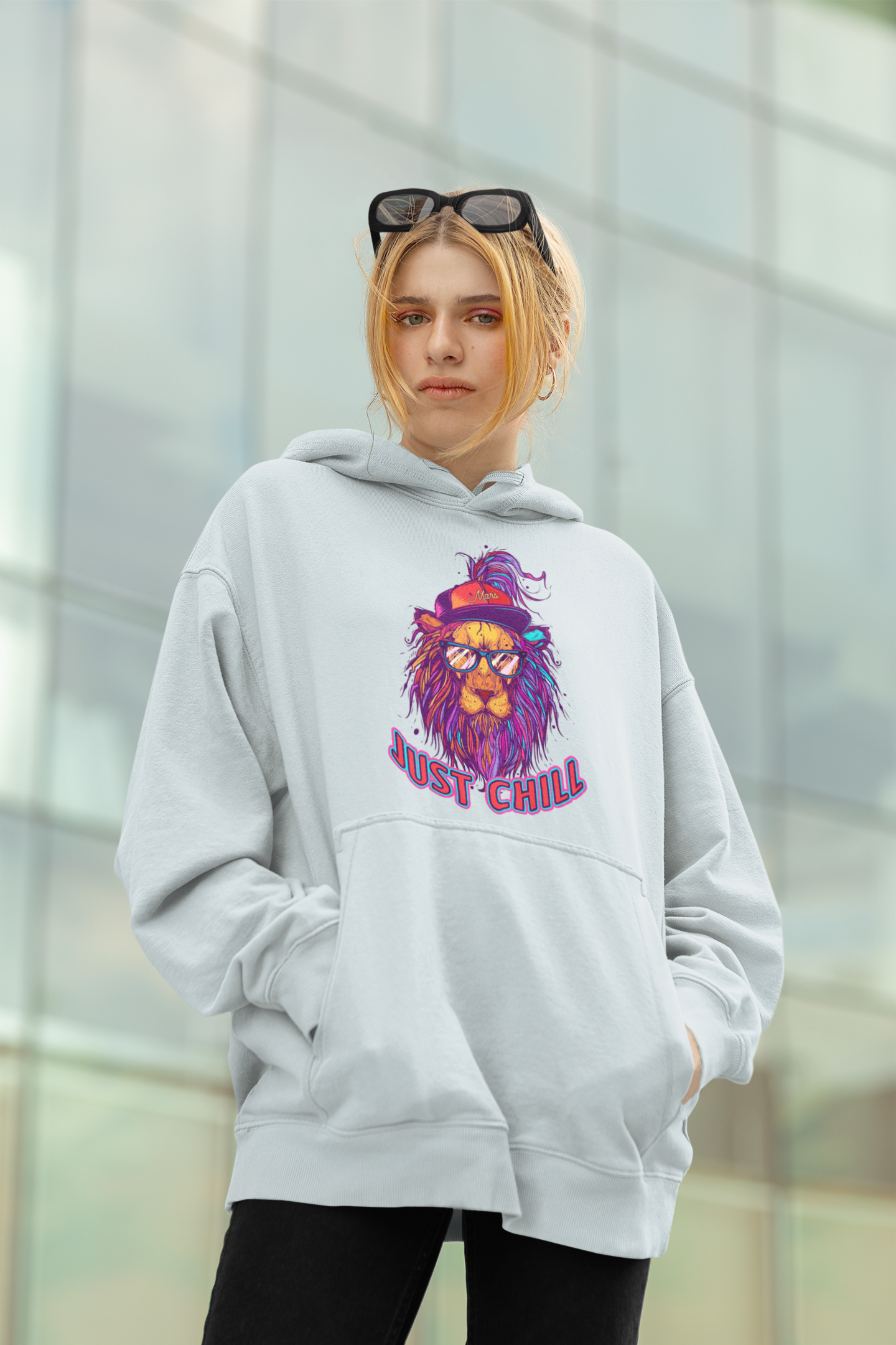 JUST CHILL NEON LION Frontside Streetwear - Slammer Organic Oversized Unisex Adult Hoodie
