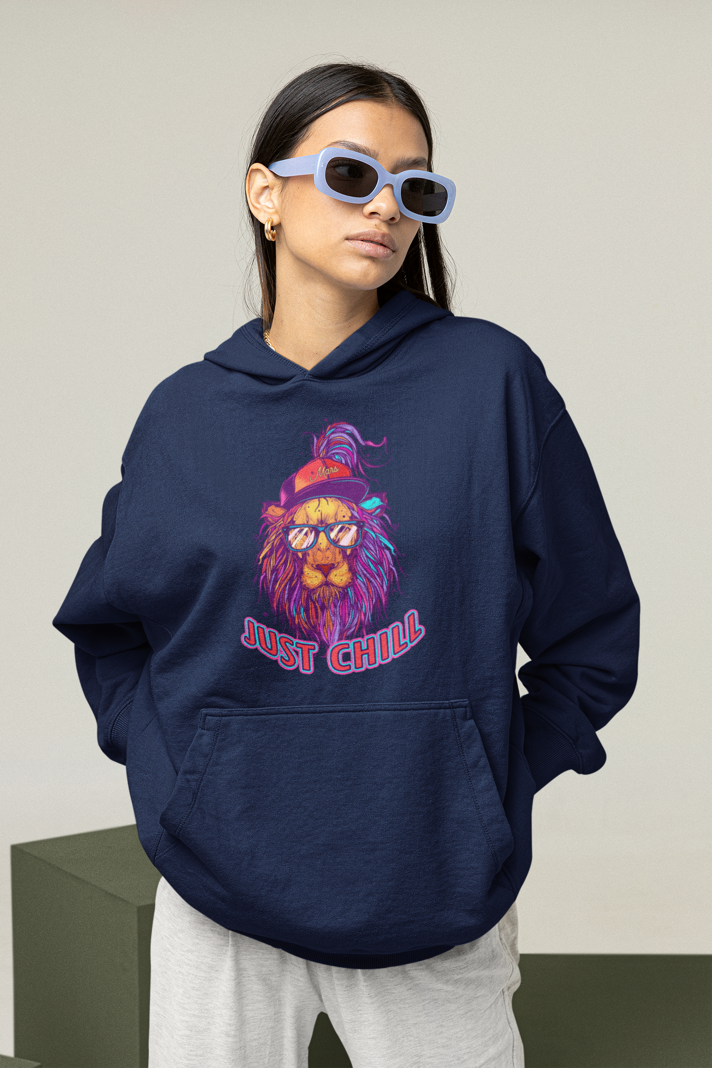 JUST CHILL NEON LION Frontside Streetwear - Slammer Organic Oversized Unisex Adult Hoodie