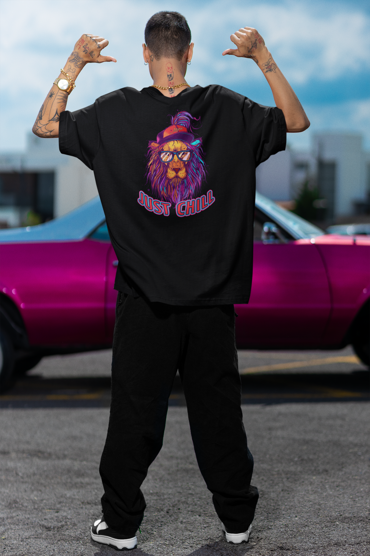 JUST CHILL NEON LION Streetwear Backprint - Freestyler Bio Oversized Unisex T-Shirt Erwachsene SH