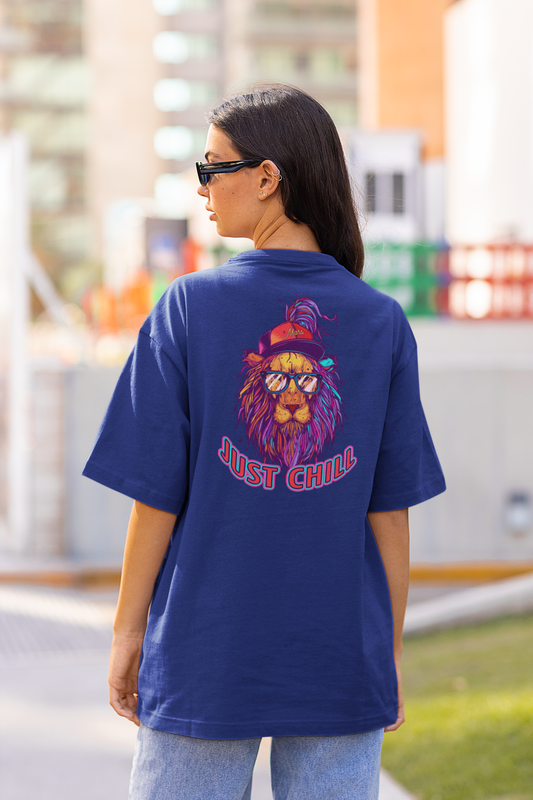 JUST CHILL NEON LION Streetwear Backprint - Freestyler Bio Oversized Unisex T-Shirt Erwachsene SH