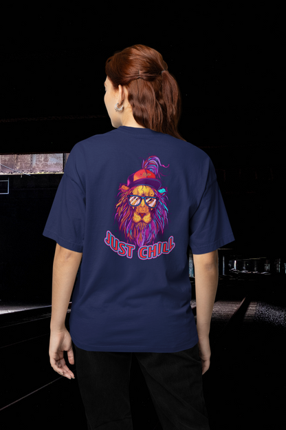JUST CHILL NEON LION Streetwear Backprint - Freestyler Bio Oversized Unisex T-Shirt Erwachsene SH