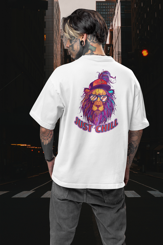 JUST CHILL NEON LION Streetwear Backprint - Freestyler Bio Oversized Unisex T-Shirt Erwachsene SH