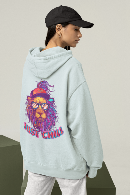JUST CHILL NEON LION Streetwear Back - Slammer Organic Oversized Unisex Adult Hoodie SH