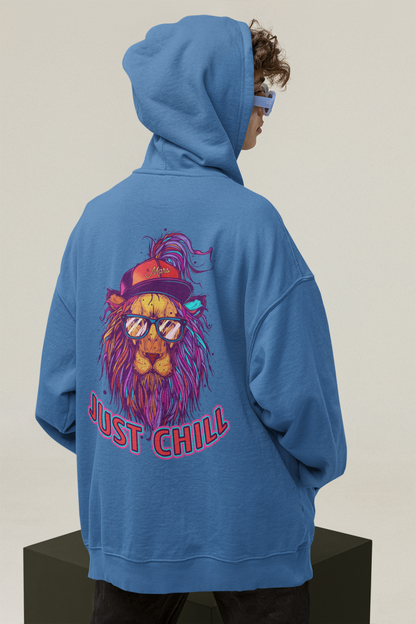 JUST CHILL NEON LION Streetwear Back - Slammer Organic Oversized Unisex Adult Hoodie SH