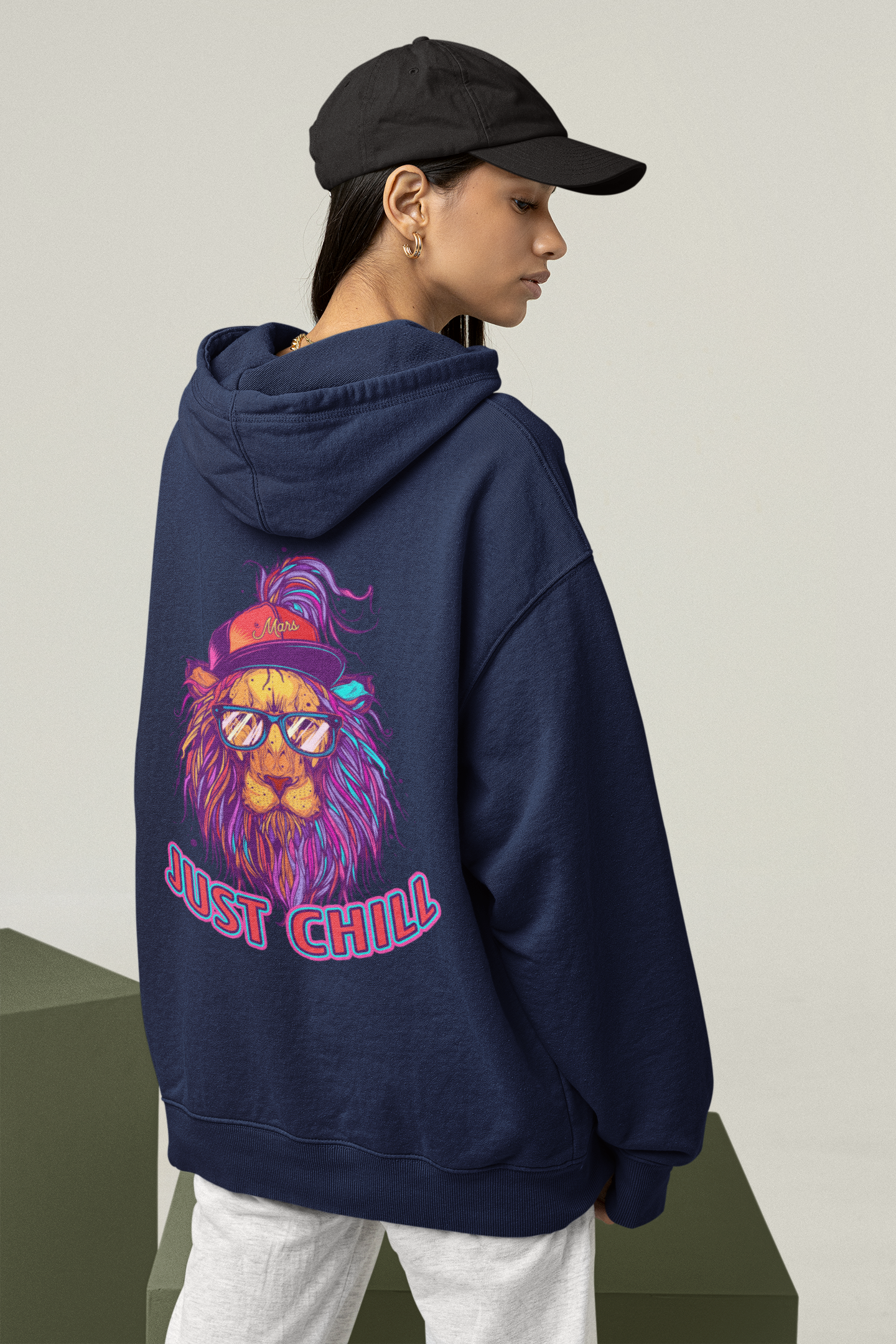 JUST CHILL NEON LION Streetwear Back - Slammer Organic Oversized Unisex Adult Hoodie SH