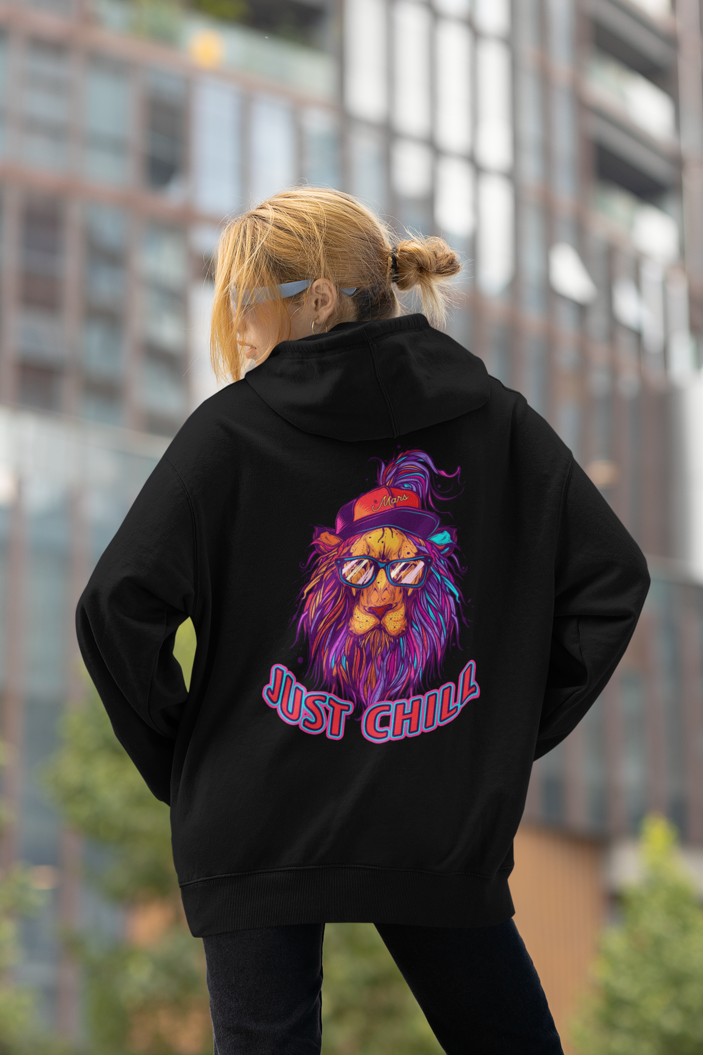 JUST CHILL NEON LION Streetwear Back - Slammer Organic Oversized Unisex Adult Hoodie SH