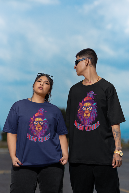 JUST CHILL NEON LION Streetwear Frontprint - Freestyler Bio Oversized Unisex T-Shirt Erwachsene SH