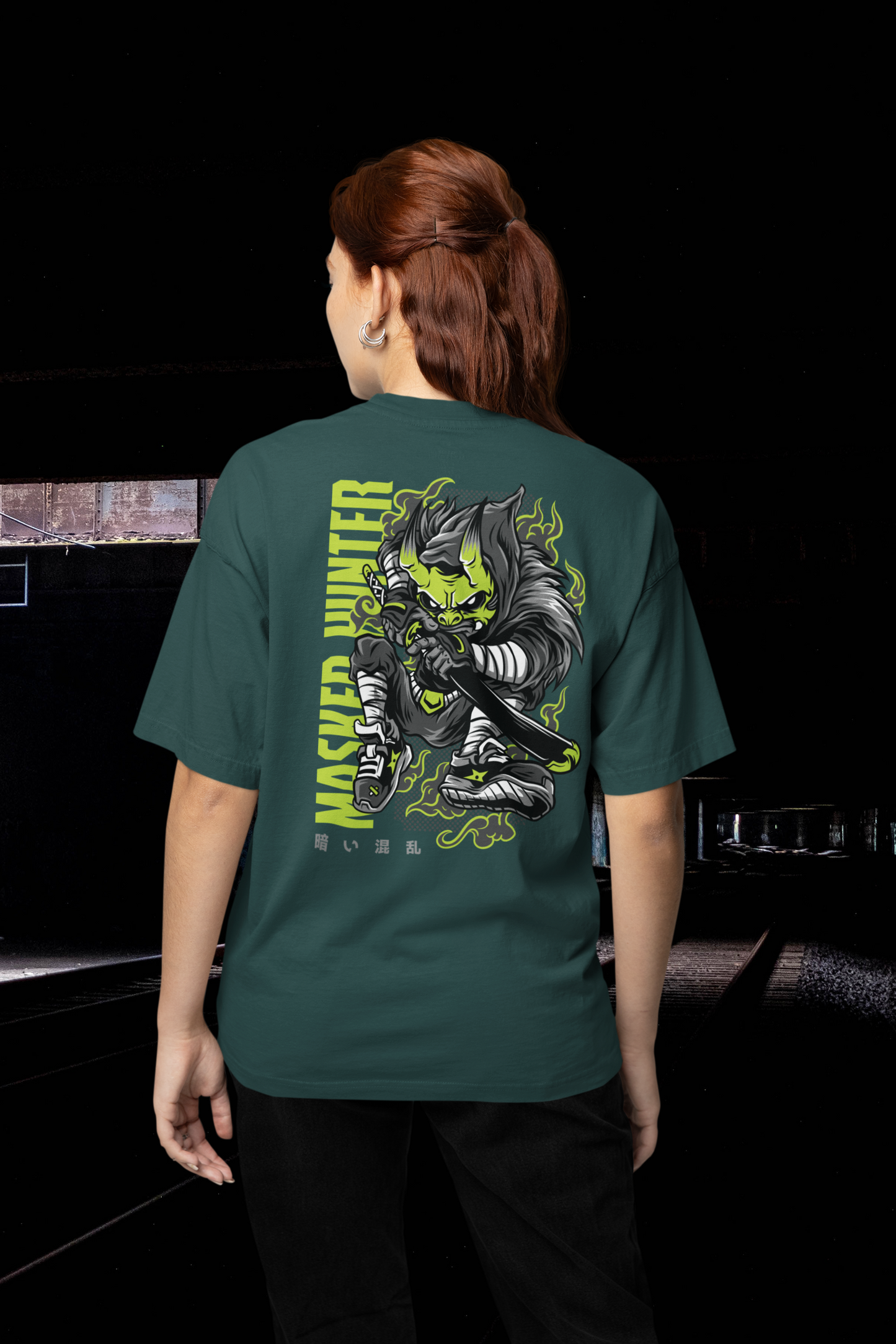 MASKED HUNTER Green Warrior Streetwear Backprint - Freestyler Bio Oversized Unisex T-Shirt Erwachsenen SH