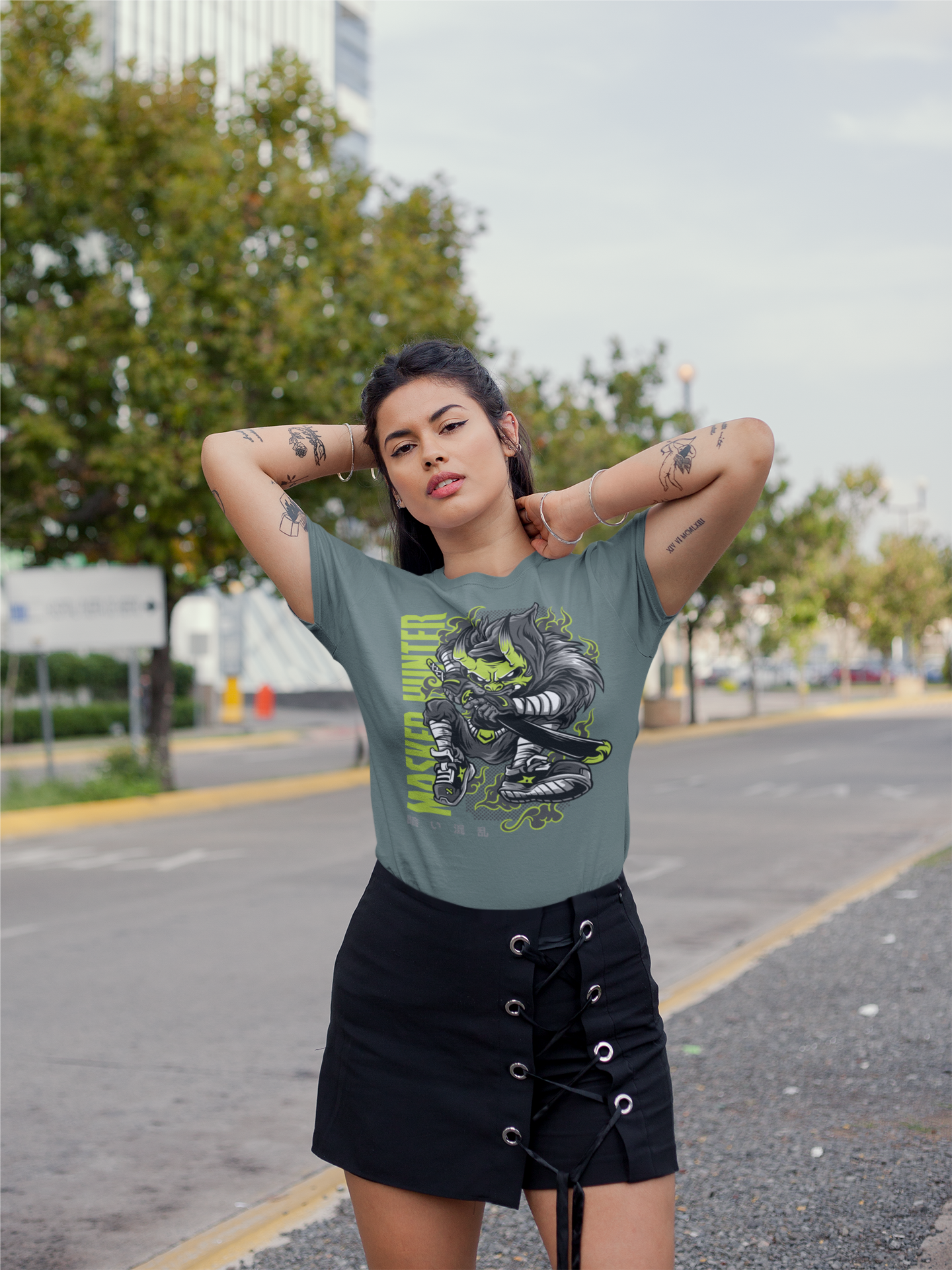 MASKED HUNTER Warrior Green Kryot Streetwear Frontprint - Creator Bio T-Shirt Adult SH