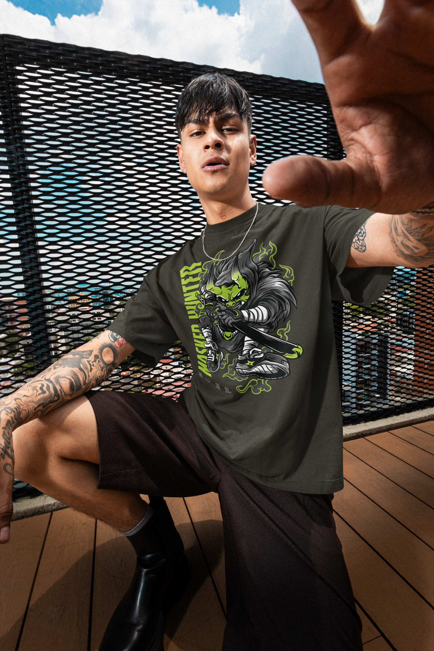 MASKED HUNTER Warrior Green Kryot Streetwear Frontprint - Creator Bio T-Shirt Adult SH