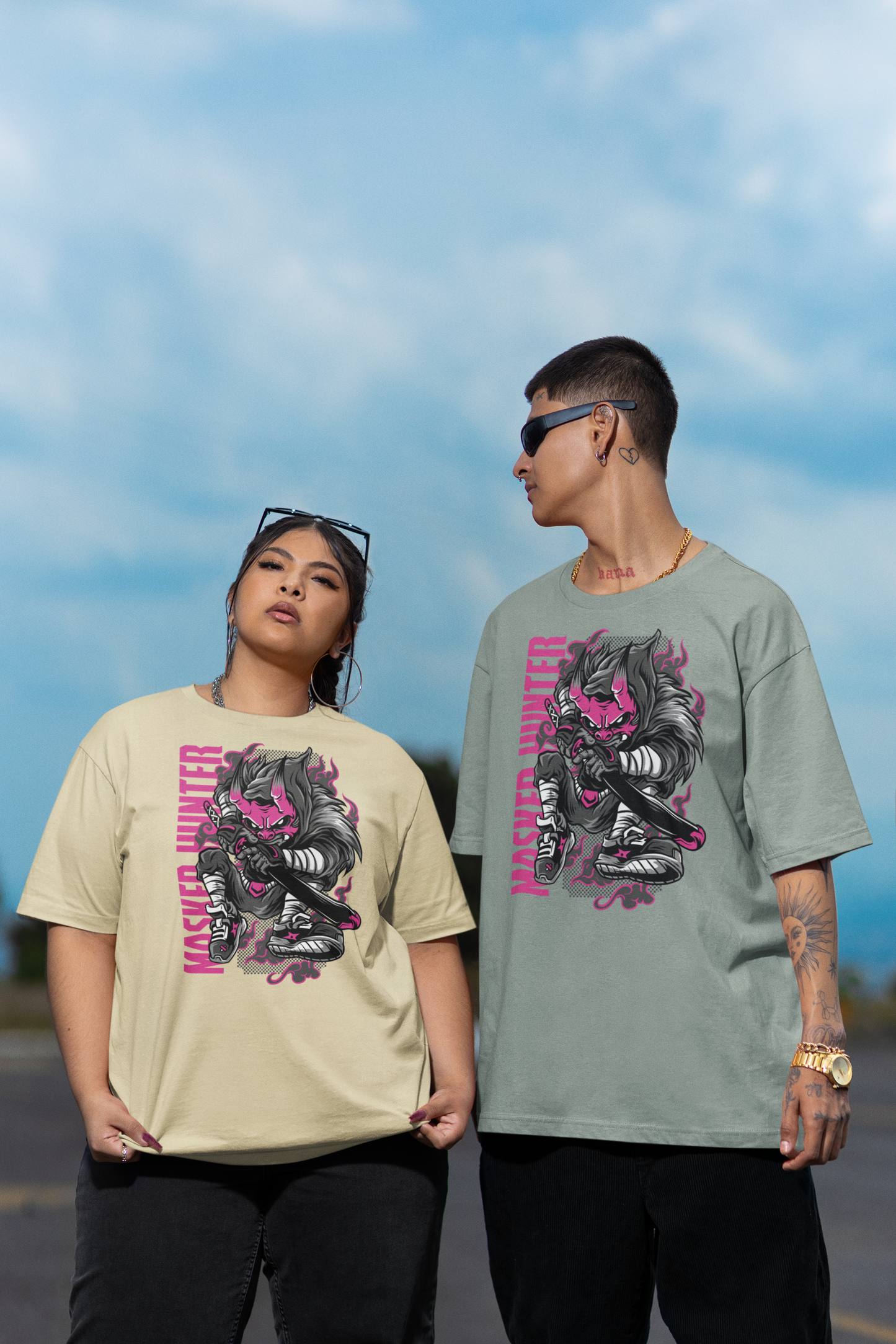 MASKED HUNTER Warrior Streetwear Frontprint - Freestyler Bio Oversized Unisex T-Shirt Erwachsene SH