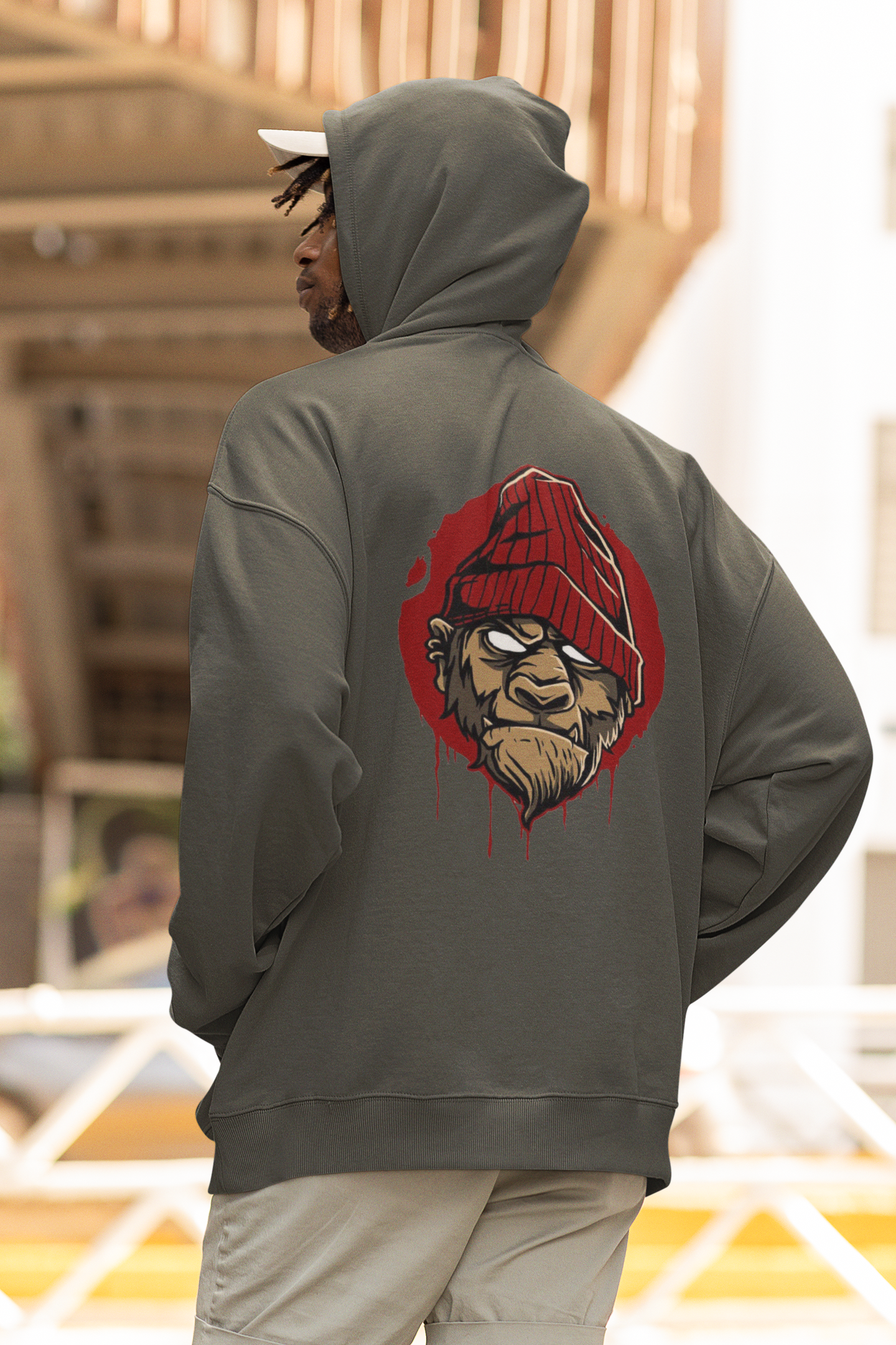 Sudadera unisex extragrande de algodón orgánico con estampado en la espalda de MONKEY BOSS Streetwear - SH - Sudadera unisex extragrande de algodón orgánico 2.0