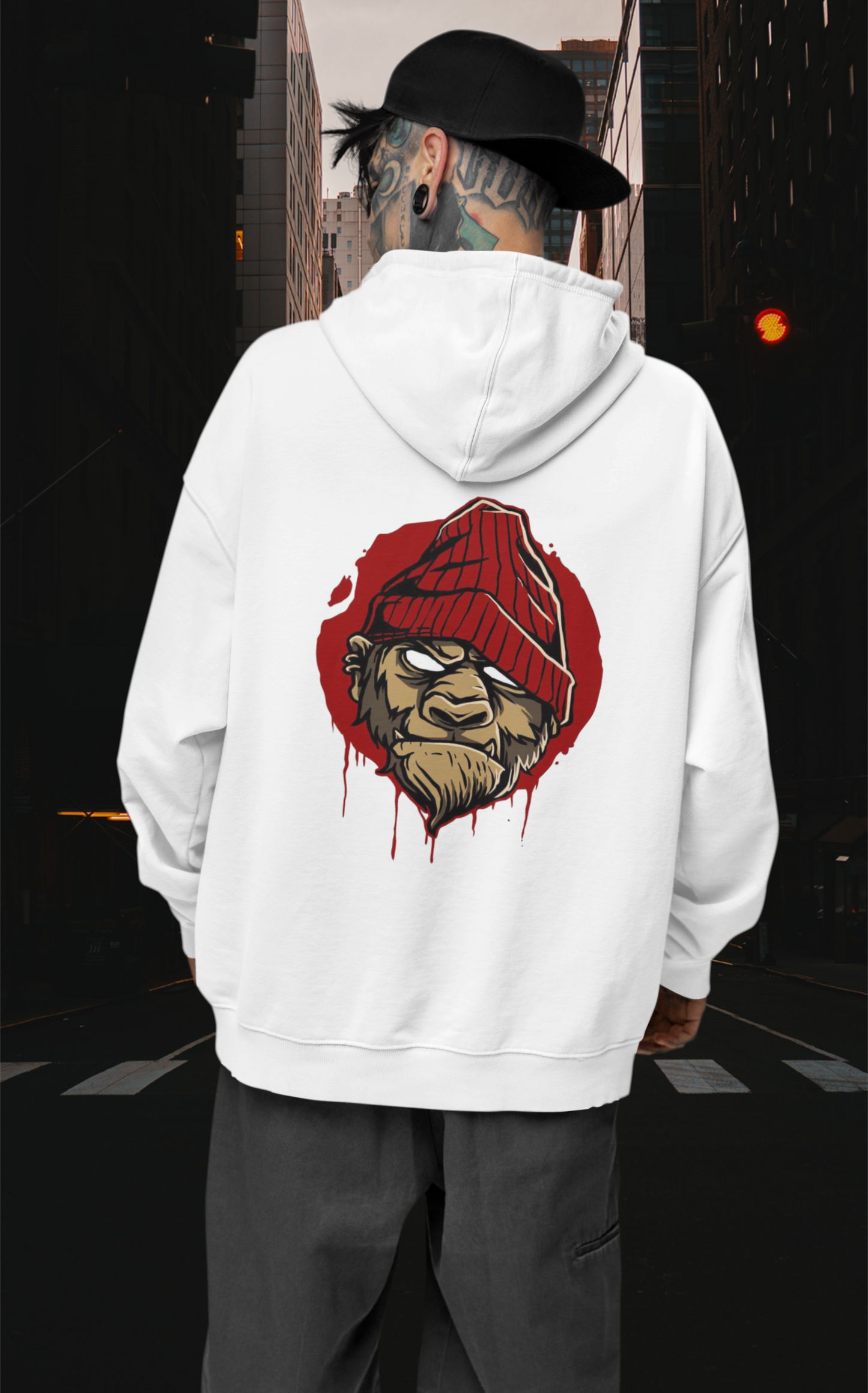 Sudadera unisex extragrande de algodón orgánico con estampado en la espalda de MONKEY BOSS Streetwear - SH - Sudadera unisex extragrande de algodón orgánico 2.0