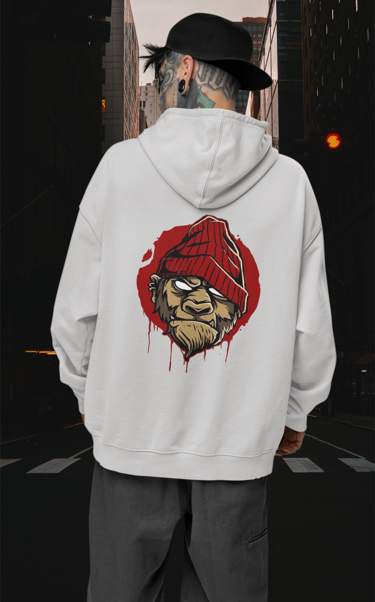 Sudadera unisex extragrande de algodón orgánico con estampado en la espalda de MONKEY BOSS Streetwear - SH - Sudadera unisex extragrande de algodón orgánico 2.0