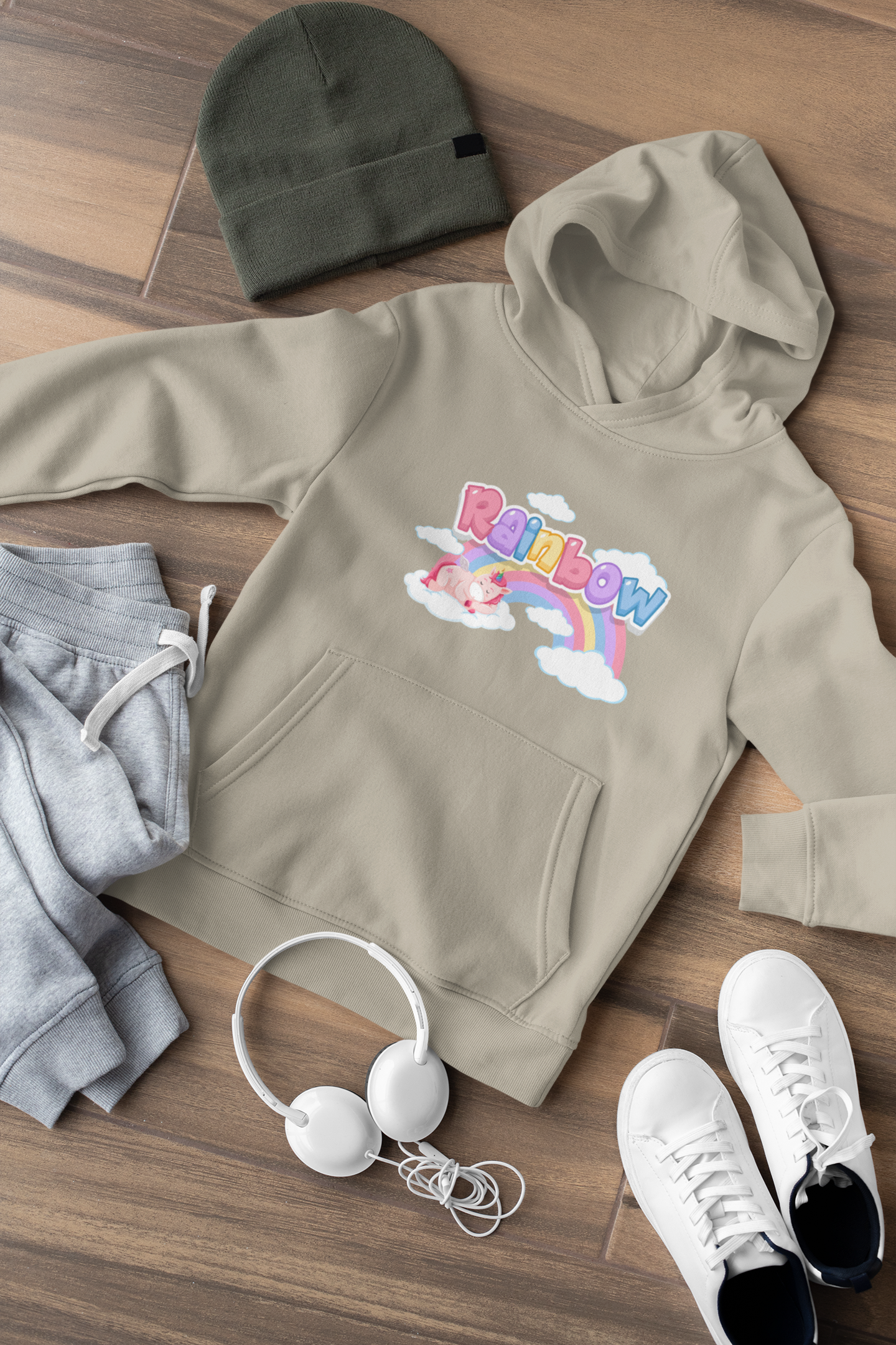 Hochwertiger Mittelschwerer Fleece-Hoodie für Jugendliche - Einhorn liegt unter Rainbow Regenbogen - Weltweit verfügbar - GL