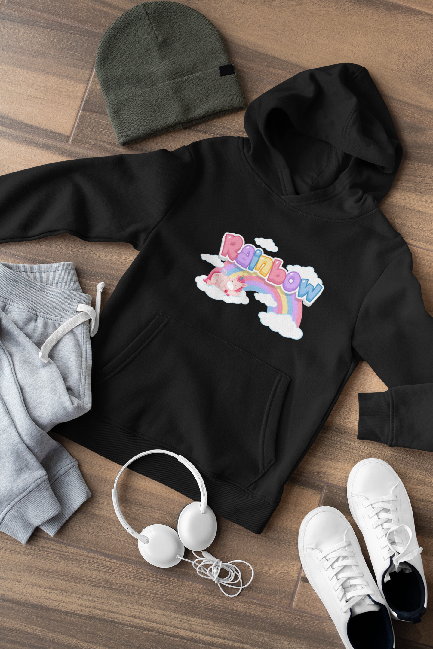 Hochwertiger Mittelschwerer Fleece-Hoodie für Jugendliche - Einhorn liegt unter Rainbow Regenbogen - Weltweit verfügbar - GL