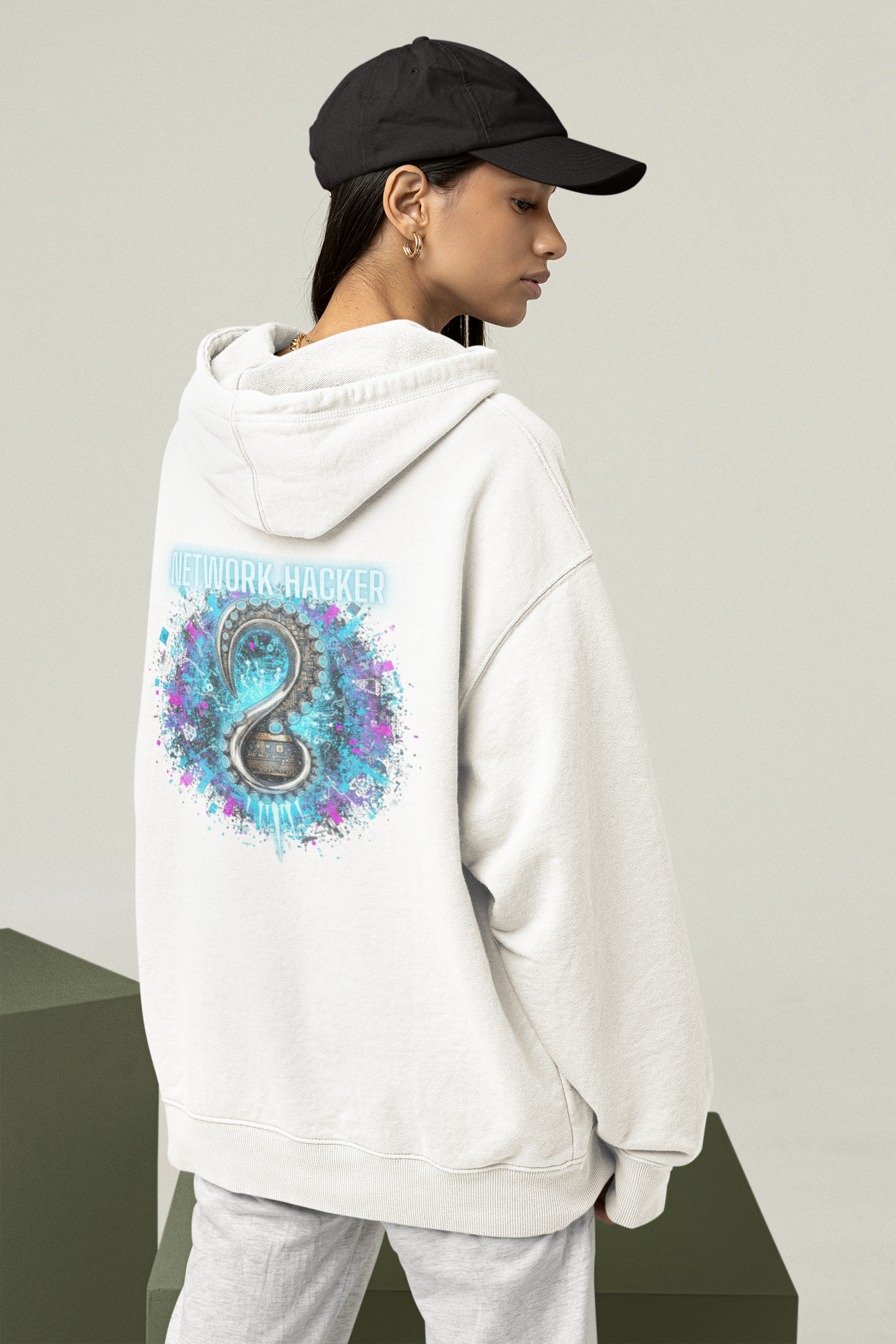 Sudadera unisex extragrande con capucha orgánica Slammer con estampado de espalda de NETWORK HACKER para adultos SH - Sudadera unisex extragrande orgánica 2.0